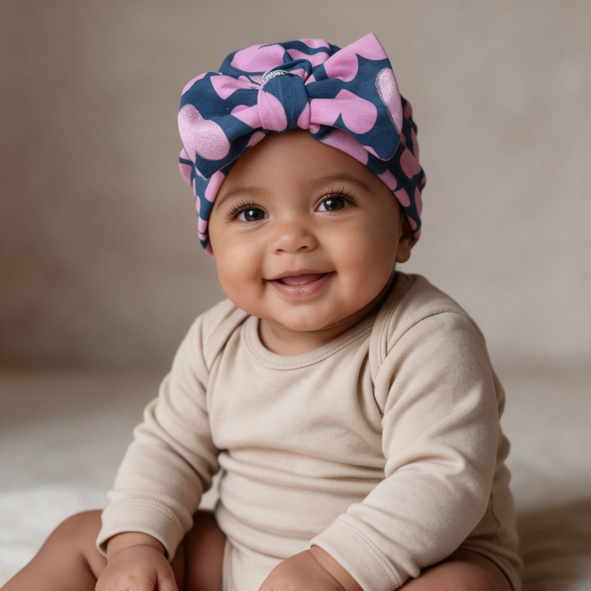 Turbante Corazones Rosa fondo Azul Marino